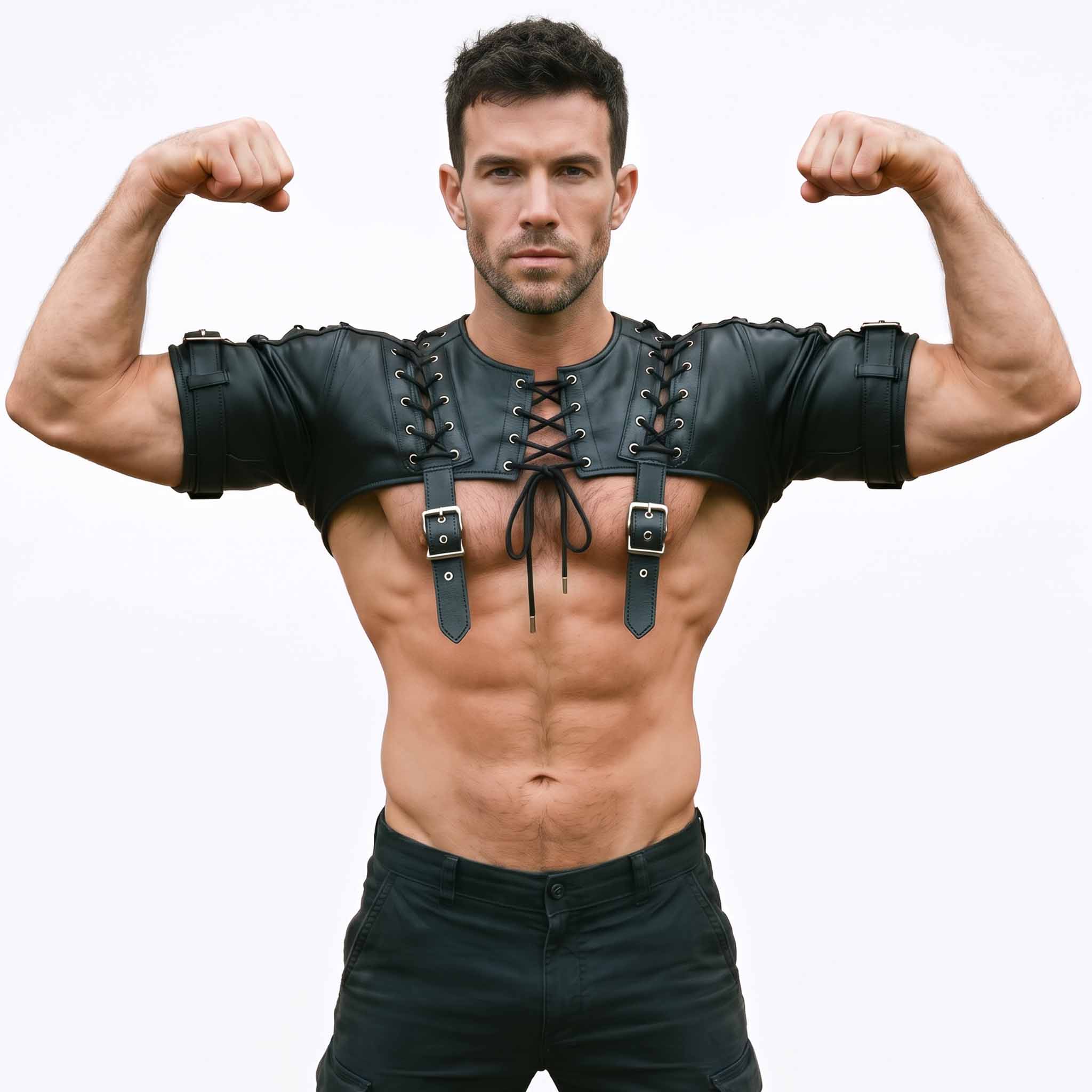 Muscular man flexing biceps in front studio portrait wearing black leather bolero crop top with front roller buckles