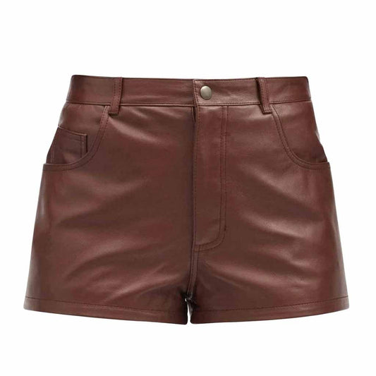 Ladies Brown Genuine Soft Lambskin Leather High Rise Shorts