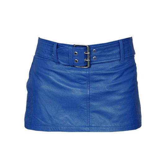 Ladies Sexy Butter Soft Genuine Lambskin Leather Blue Mini Skirt Clubwear