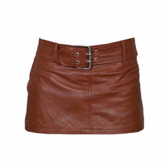 Ladies Sexy Butter Soft Genuine Lambskin Leather Brown Mini Skirt Clubwear