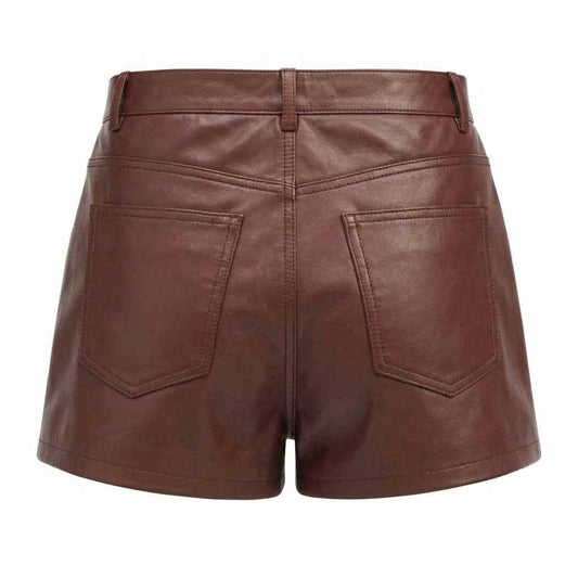 Ladies Brown Genuine Soft Lambskin Leather High Rise Shorts