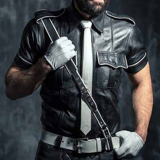 Mens Real Lambskin Nappa Leather White Piping Police Black Shirt Cuir Bluf Lederhemd Lederharren Bikers