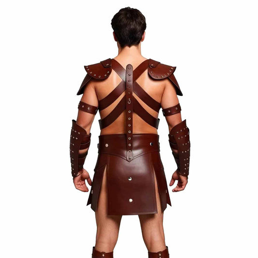 Mens Brown Leather Gladiator Costume Historical Reenactment Armor Kilt Set Roman Warrior LARP