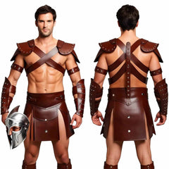 Mens Brown Leather Gladiator Costume Historical Reenactment Armor Kilt Set Roman Warrior LARP