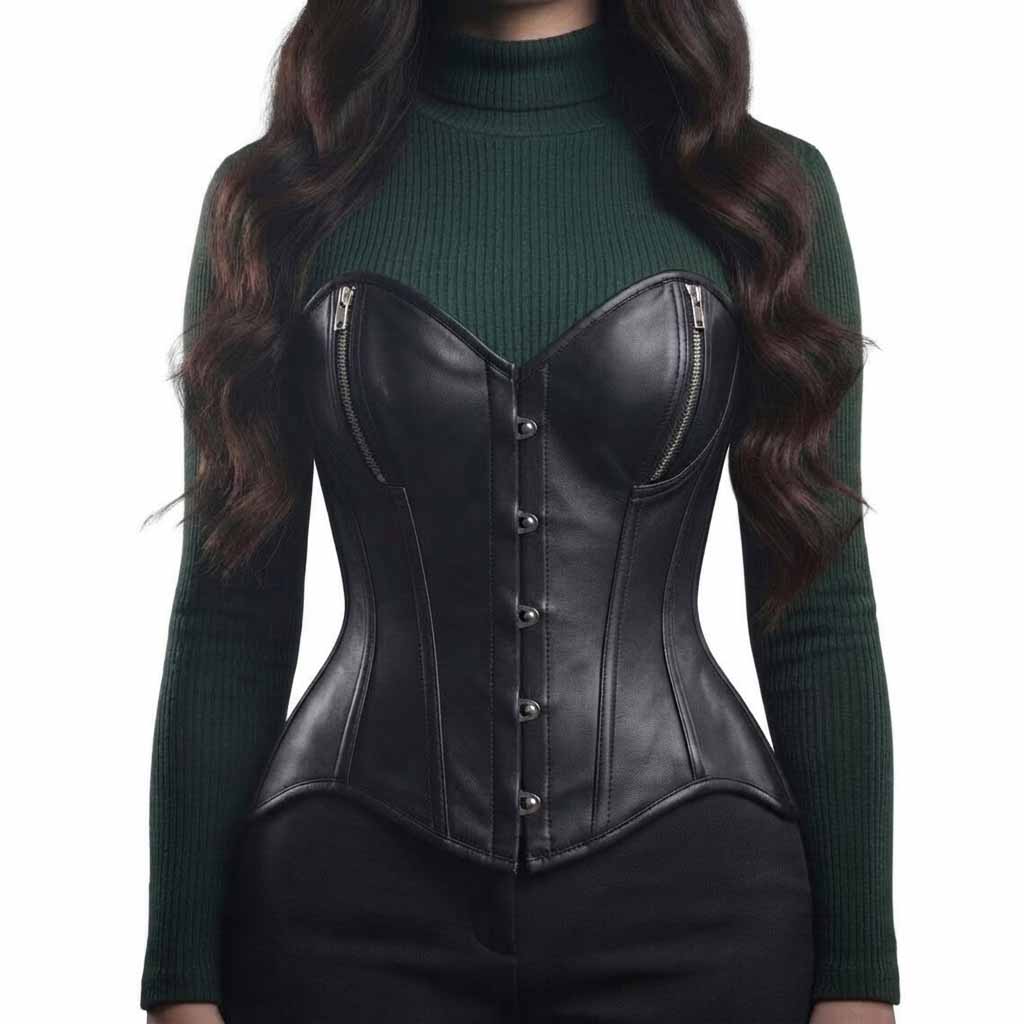 Front view of a model wearing a black genuine leather overbust corset featuring silver bust zippers and steel busk closures over a dark green sweater.