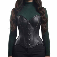 Front view of a model wearing a black genuine leather overbust corset featuring silver bust zippers and steel busk closures over a dark green sweater.