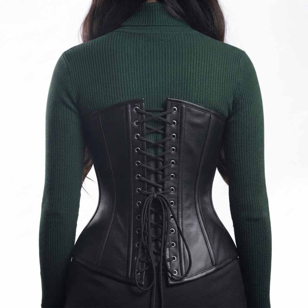 Back view showing the silver metal eyelets and black lace-up cinching cords on a matte leather overbust corset top.