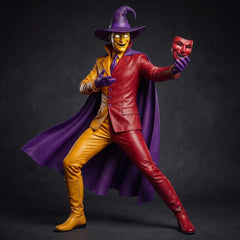 Dynamic front angle of the ringmaster fantasy cosplay outfit showcasing the fit of the two-tone split leather jacket and matching pants.
