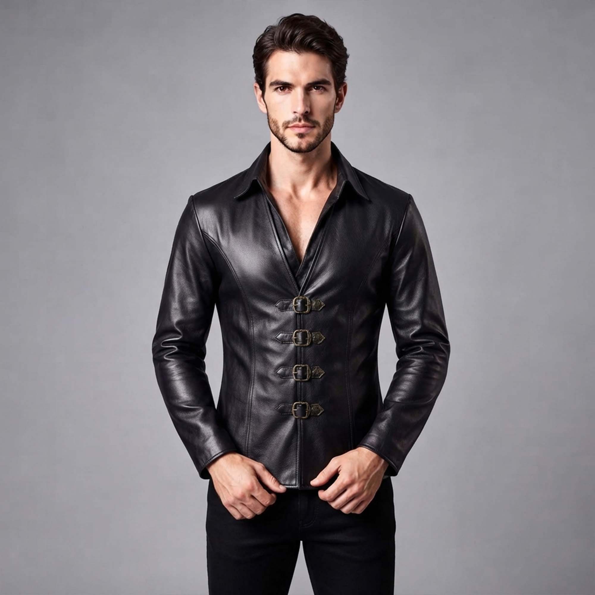 Front view of a man wearing a fitted black sheep nappa leather full-sleeve shirt with four front buckle closures and a vest-style collar.