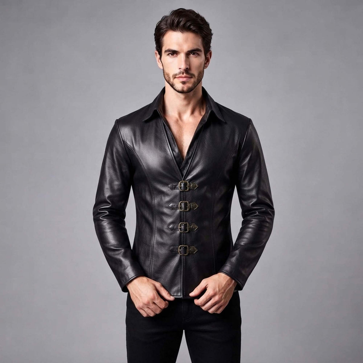 Front view of a man wearing a fitted black sheep nappa leather full-sleeve shirt with four front buckle closures and a vest-style collar.
