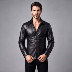 Front view of a man wearing a fitted black sheep nappa leather full-sleeve shirt with four front buckle closures and a vest-style collar.