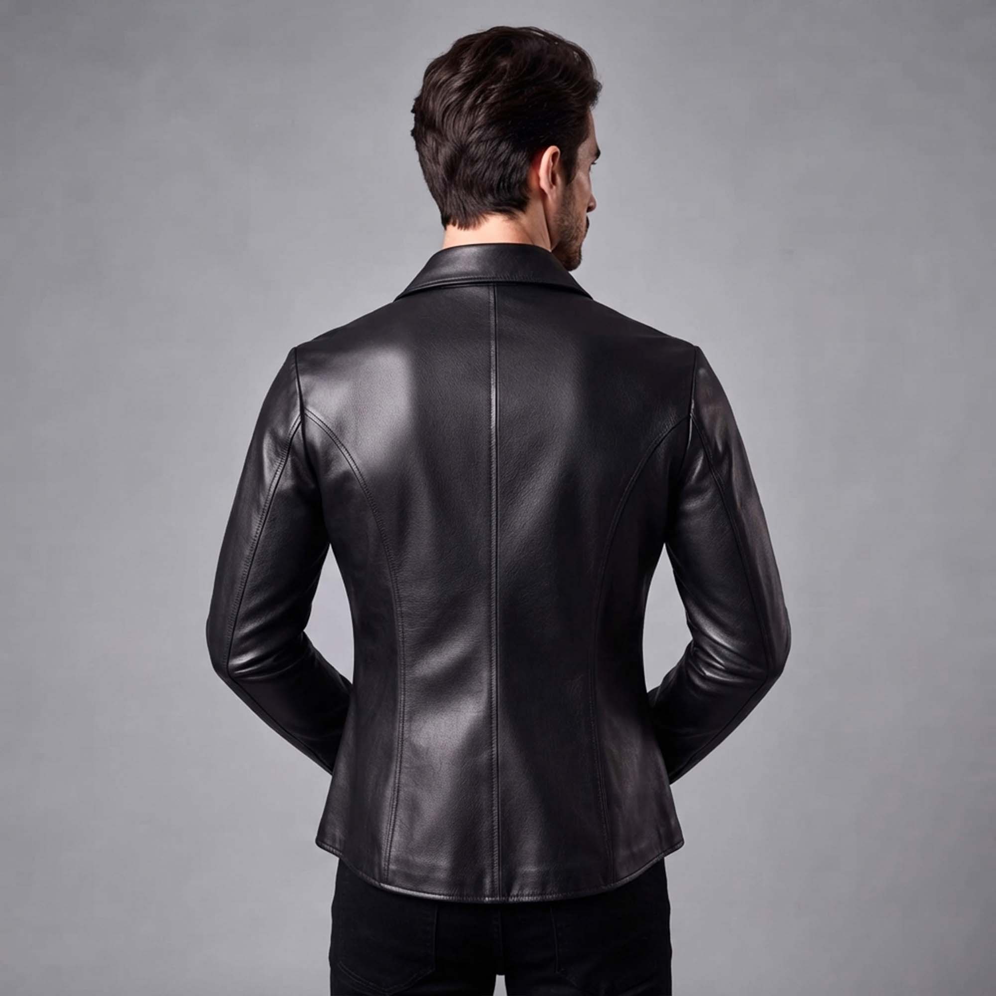 Rear view showing the tailored back panel seams and structured fit of a men's black handcrafted real leather shirt.