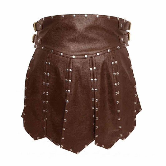 A brown real leather kilt with silver metal studs and a matching brown belt with gold-tone buckles, shown against a plain white background.