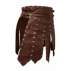 A brown real leather kilt or skirt with silver metal studs, shown against a plain white background.