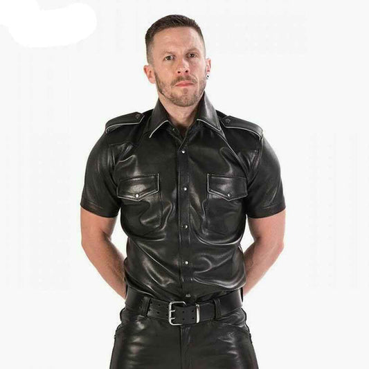 MENS REAL COWHIDE LEATHER Black Police Military Style Shirt BLUF