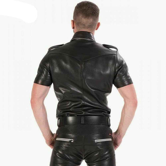MENS REAL COWHIDE LEATHER Black Police Military Style Shirt BLUF