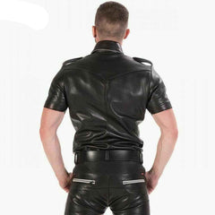 MENS REAL COWHIDE LEATHER Black Police Military Style Shirt BLUF