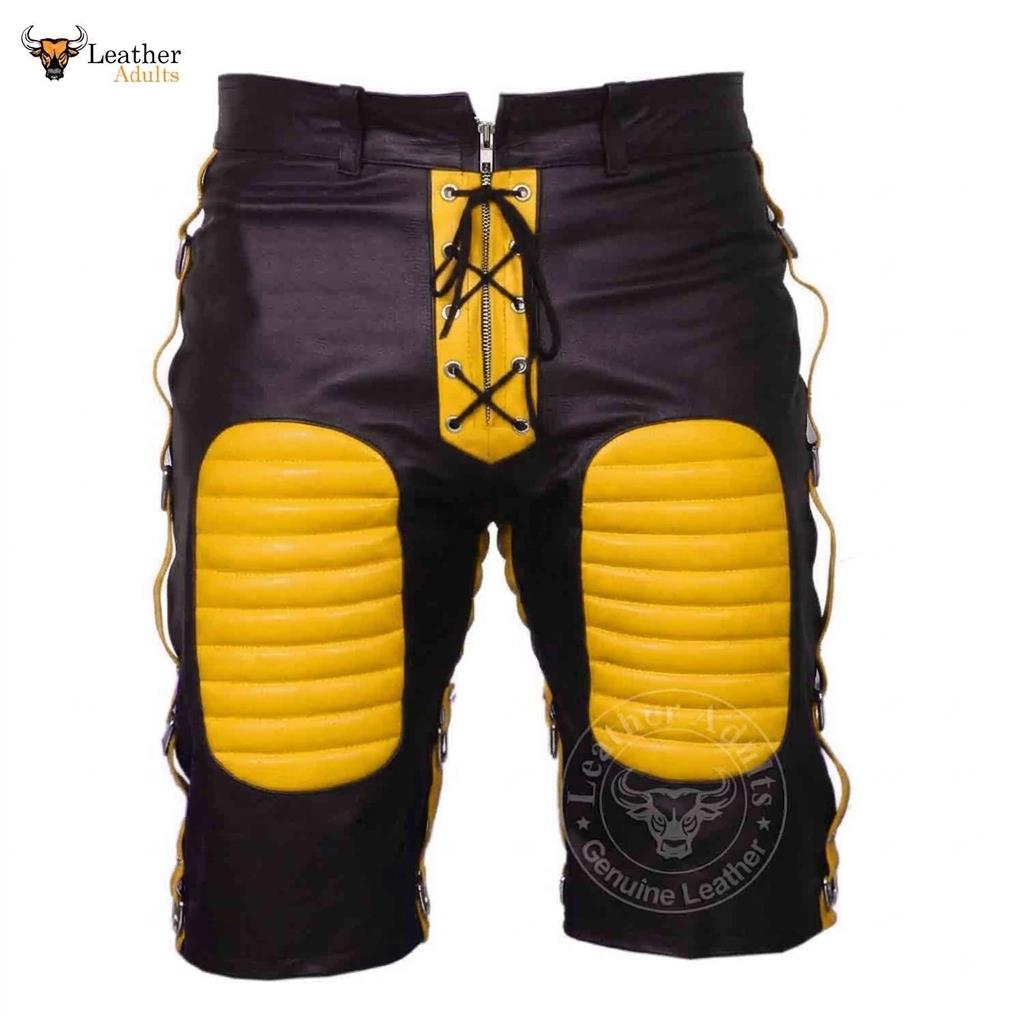 MENS REAL LEATHER BLACK AND Yellow SHORTS Clubwear or Bondage Genuine Cow Leather Shorts
