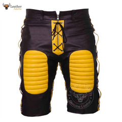 MENS REAL LEATHER BLACK AND Yellow SHORTS Clubwear or Bondage Genuine Cow Leather Shorts