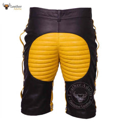 Mens Cowhide Leather Yellow and Black Contrast Clubwear Bondage Shorts