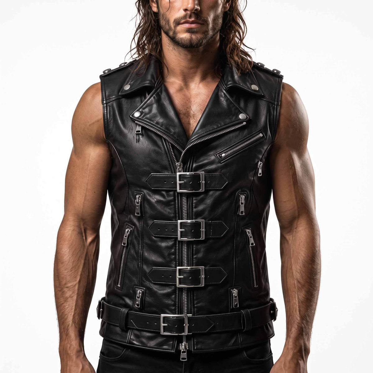 Full front view of athletic long haired man wearing handmade black cowhide leather biker vest with asymmetrical collar, silver buckles, and multiple zippers