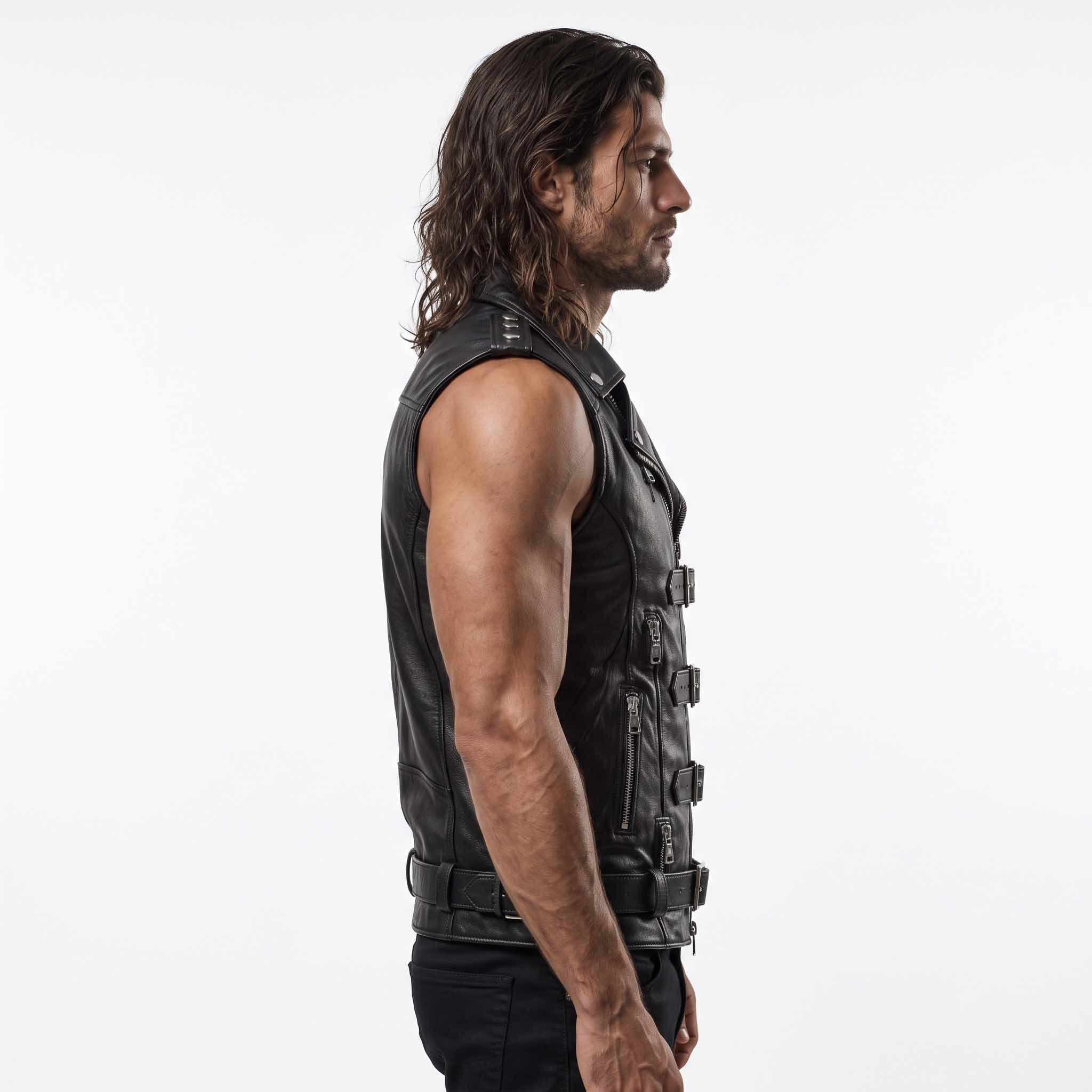 Side profile shot of tailored black leather motorcycle vest displaying deep armhole cut, side zipper pocket, and integrated bottom waist belt