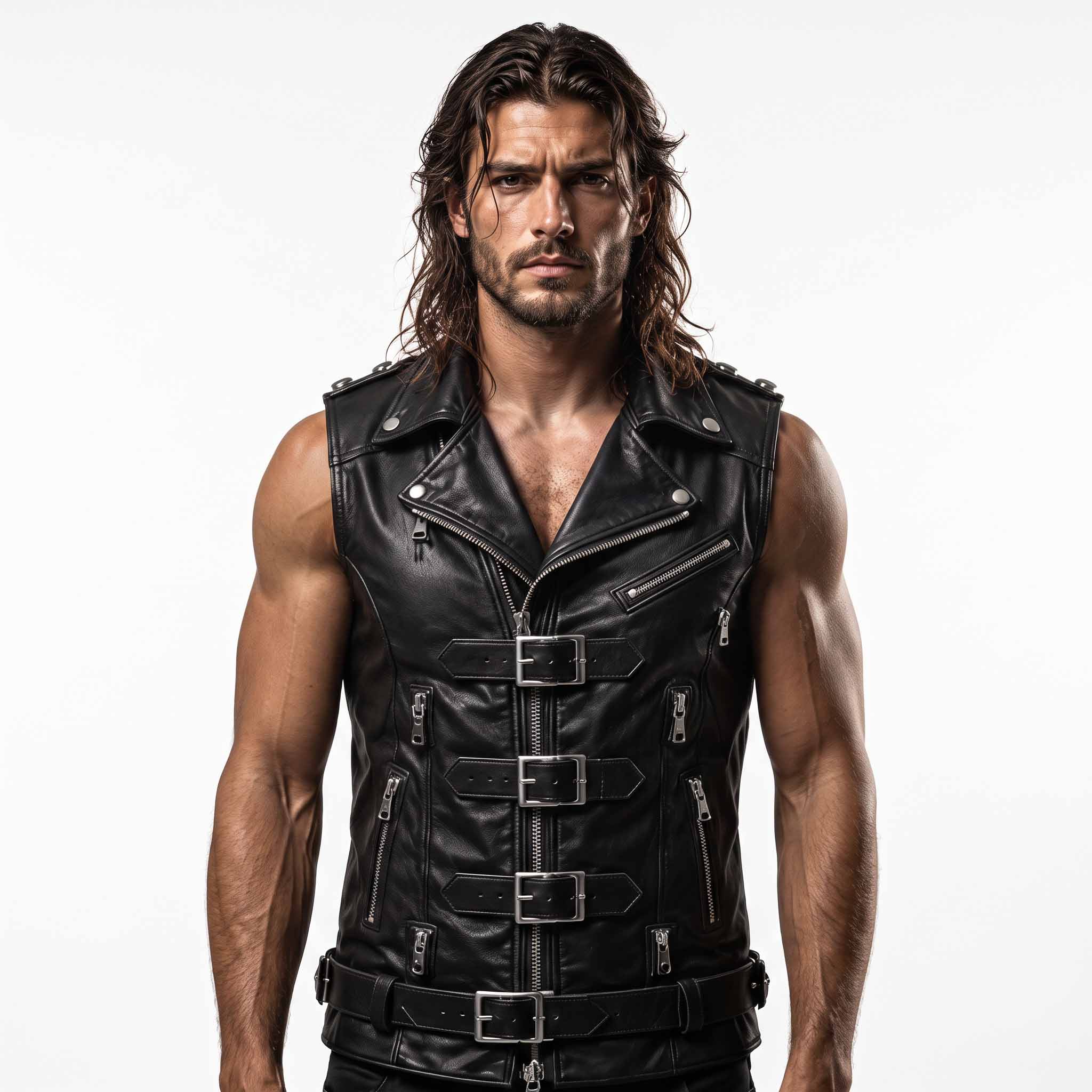Close up front view of handsome man wearing black leather punk rock vest highlighting metal roller buckles, central zipper, and folded lapels