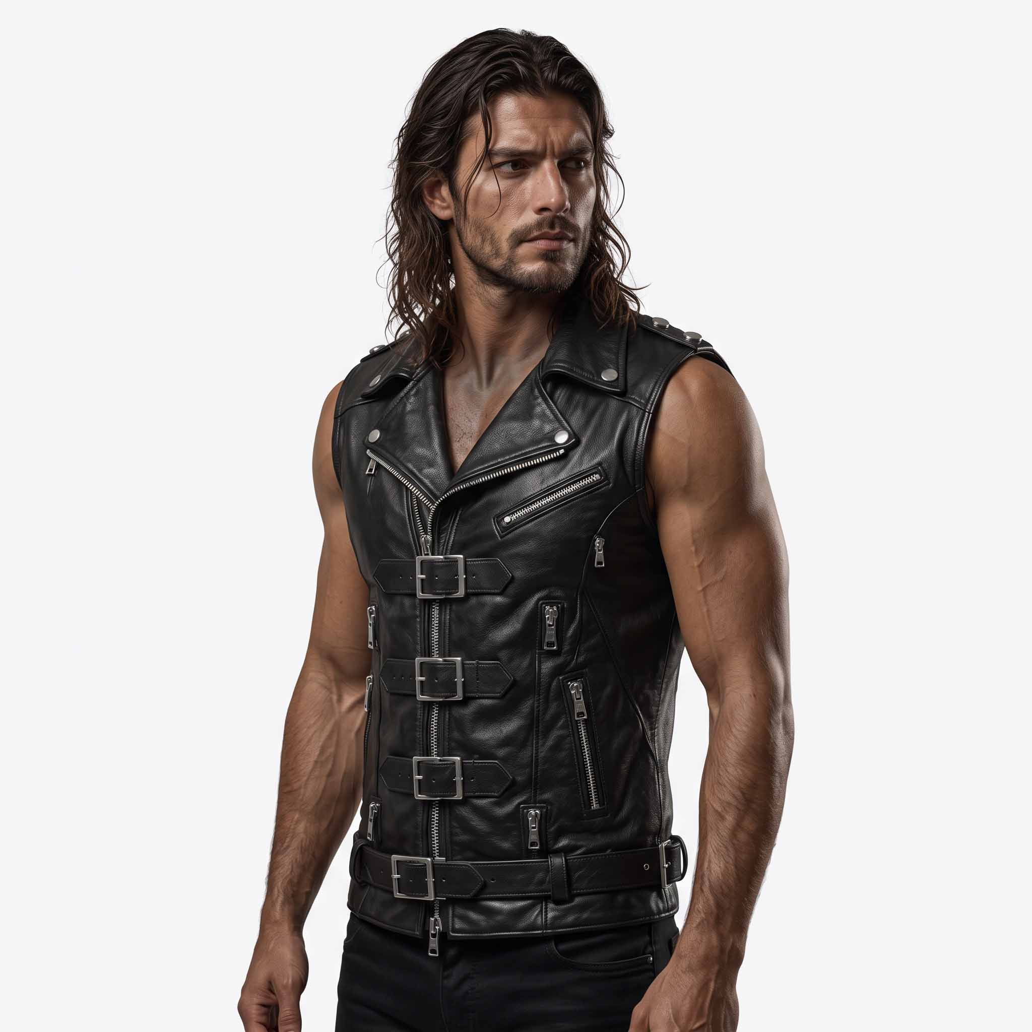 Front three quarter perspective of man modeling black leather gothic waistcoat showing side zipper pockets, chest buckle straps, and studded shoulder tabs