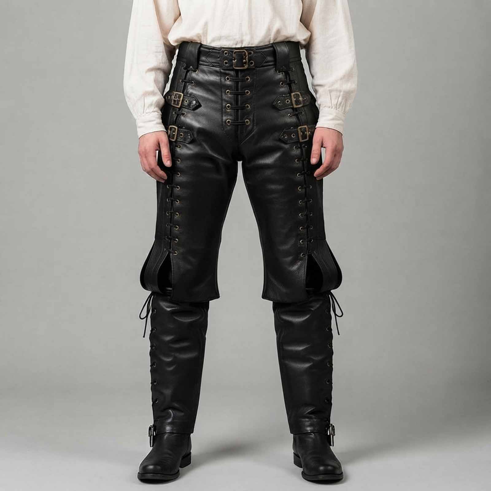 Front studio view of a man wearing black real leather Renaissance pants with side lacing, waist buckles, and attached boot covers against a neutral grey backdrop.