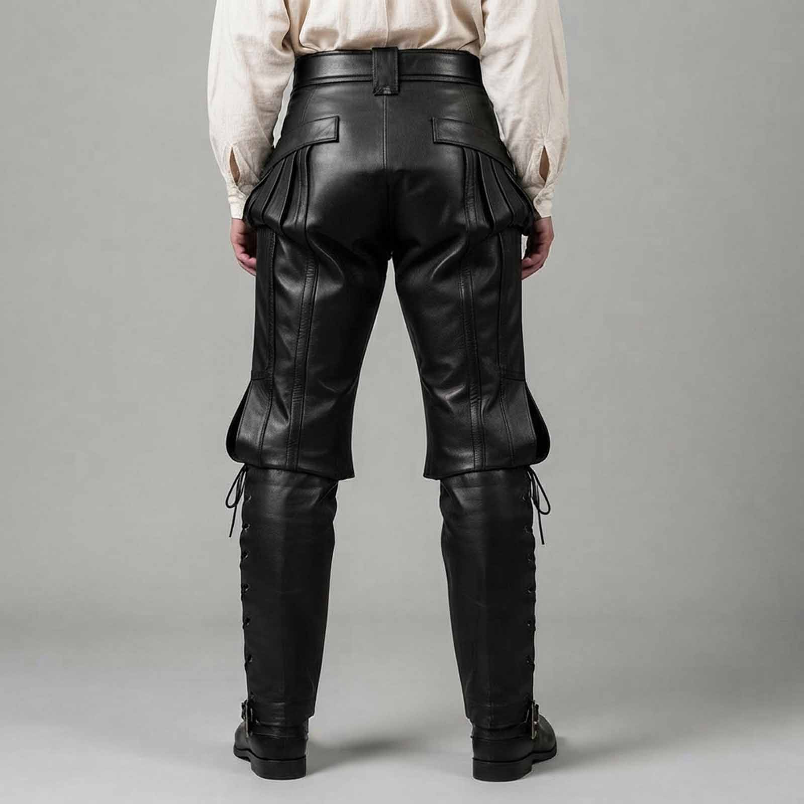 Rear studio view showing the high waist structure, belt loops, and tailored back seams of men's black leather pirate breeches.