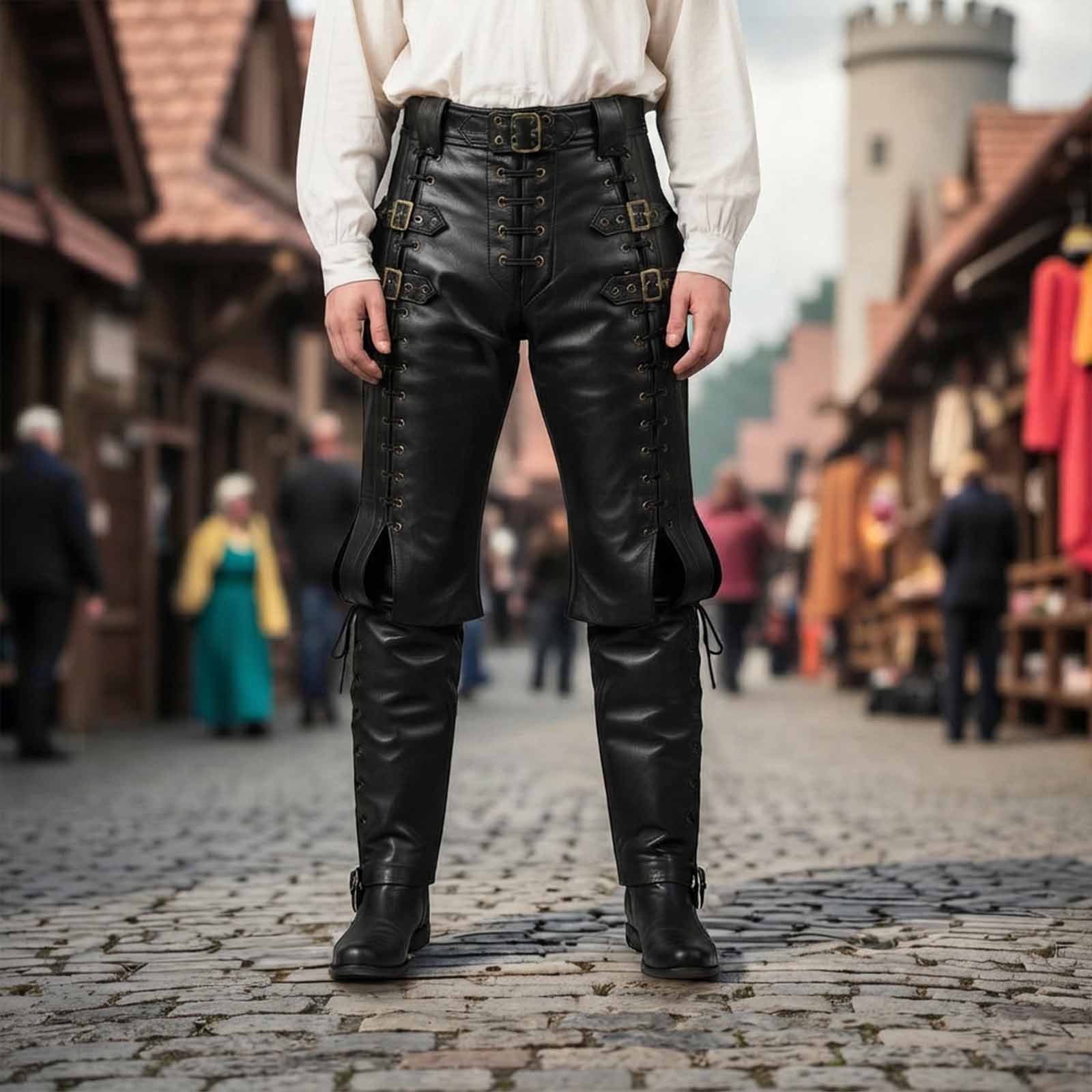 Full front view of men's black leather medieval LARP trousers styled with a cream linen shirt on a cobbled Renaissance faire street.