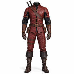 Handmade burgundy leather medieval rogue costume full front view with quilted tunic shoulder armor belt and pouches