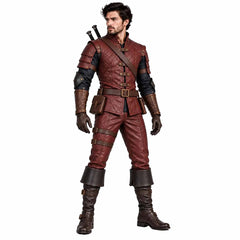 Male model wearing custom fitted burgundy medieval rogue leather armor suit standing on white background