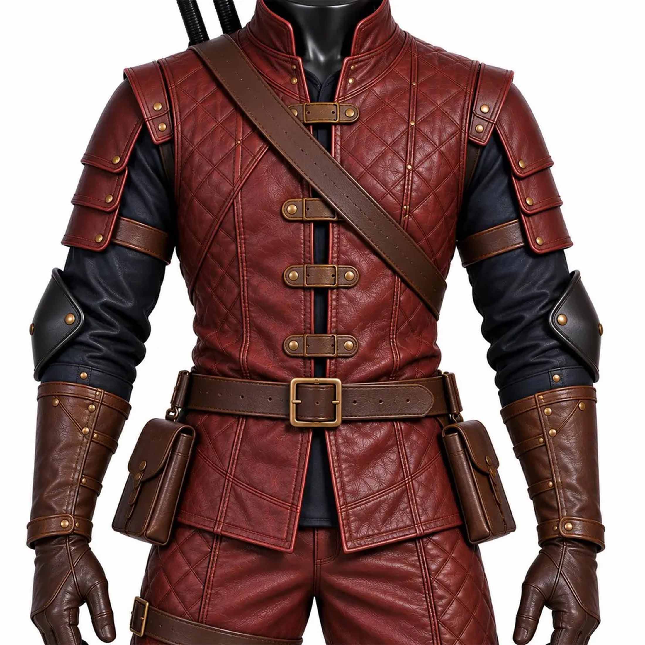 Close up detail of burgundy quilted leather tunic showing brass buckle fasteners forearm bracers and utility pouches