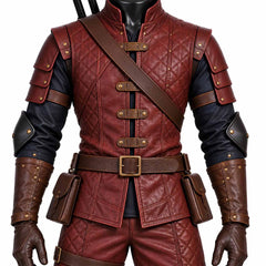 Close up detail of burgundy quilted leather tunic showing brass buckle fasteners forearm bracers and utility pouches