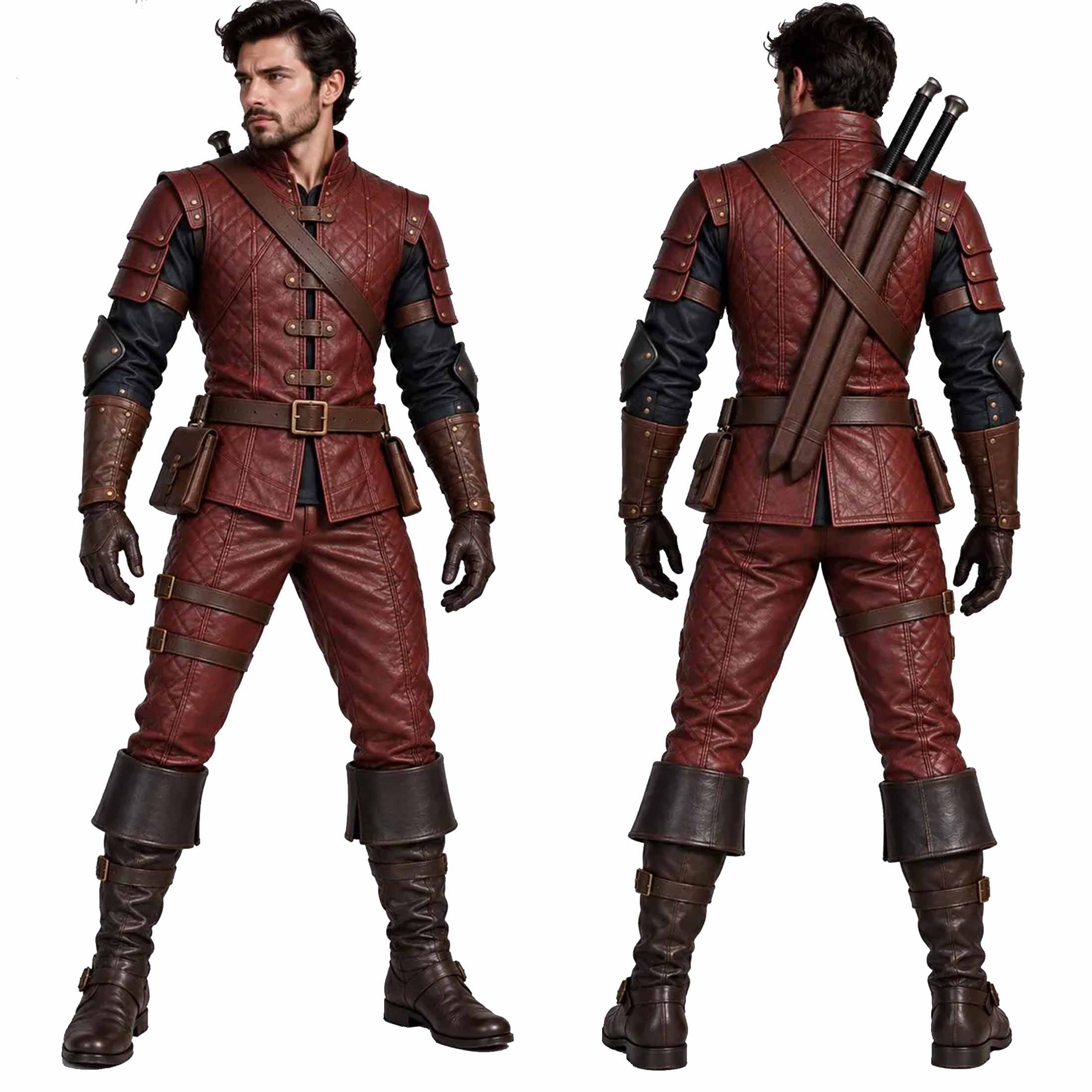 Male model wearing custom fitted burgundy medieval rogue leather armor suit standing on white background