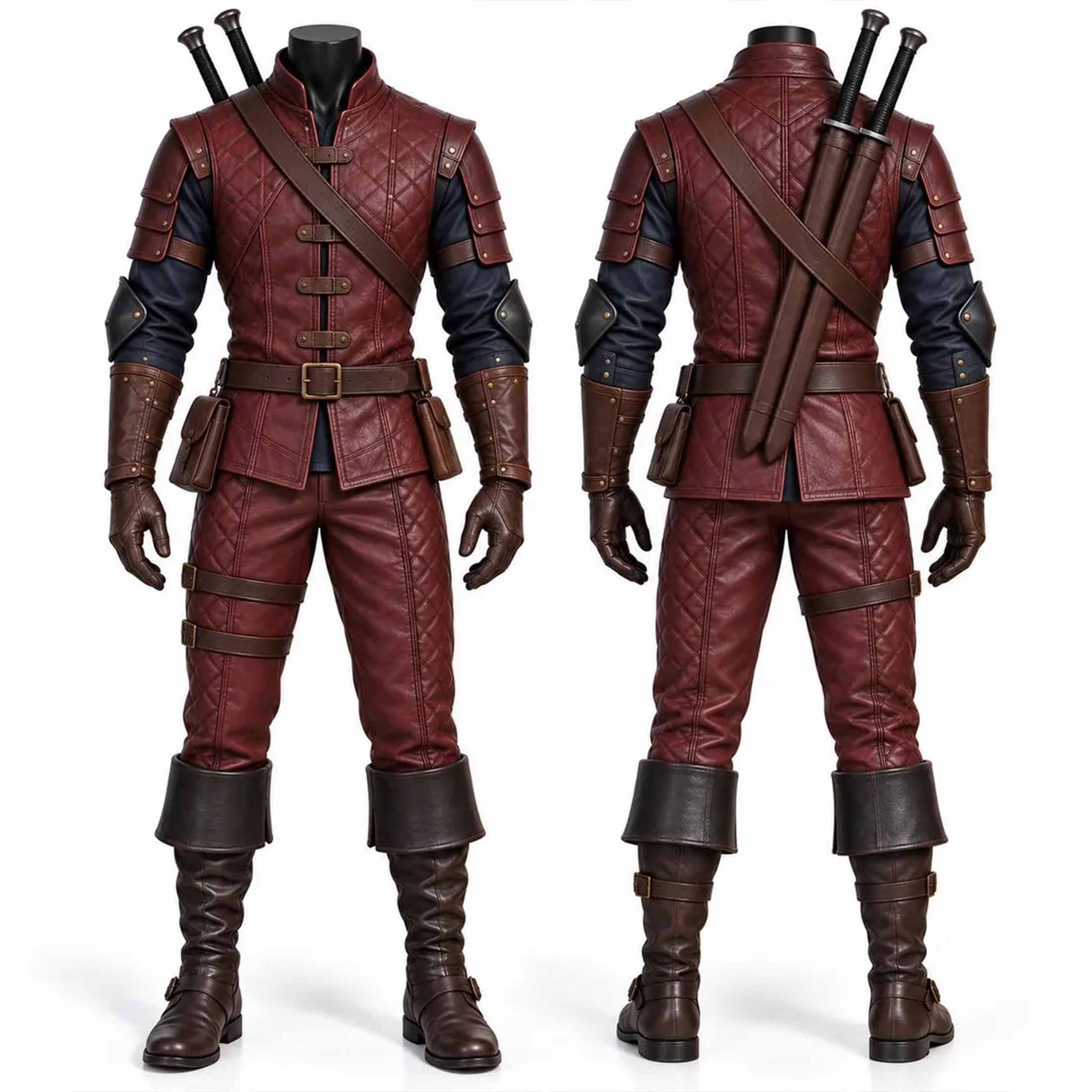 Dual studio view showing front and back layout of complete handmade burgundy leather fantasy warrior rogue costume