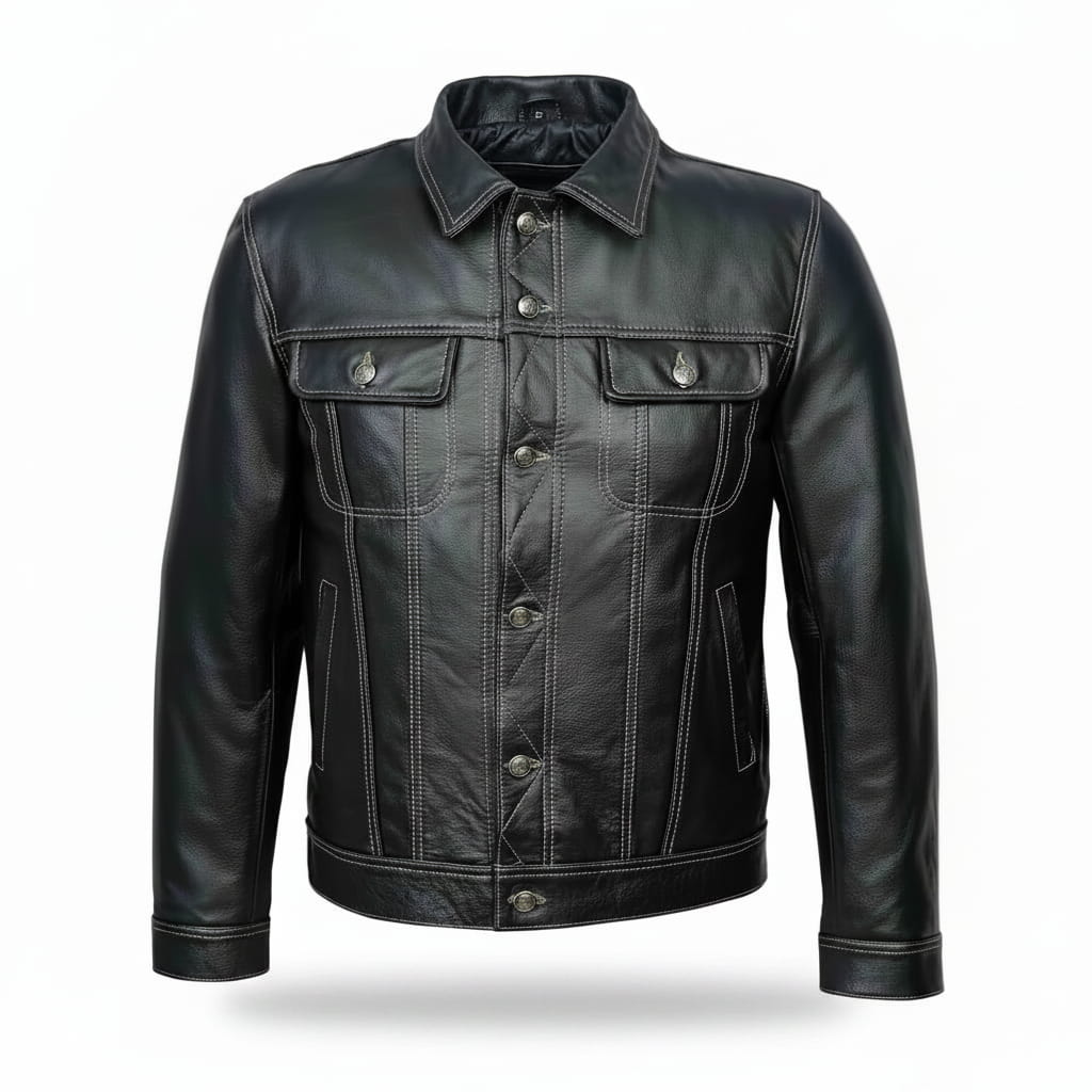 Men TRUCKER Jacket Classic Black 100% REAL Cowhide Leather Classic Style 1280