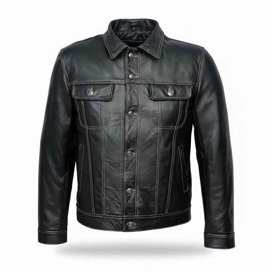 Men TRUCKER Jacket Classic Black 100% REAL Cowhide Leather Classic Style 1280