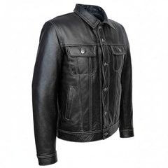 Men TRUCKER Jacket Classic Black 100% REAL Cowhide Leather Classic Style 1280