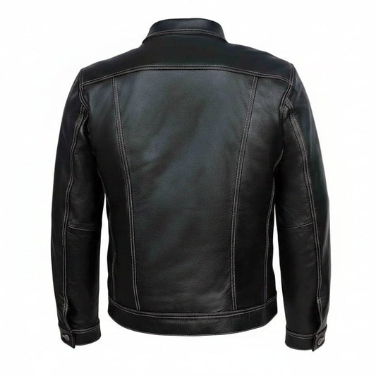 Men TRUCKER Jacket Classic Black 100% REAL Cowhide Leather Classic Style 1280