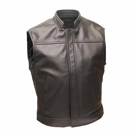 Front three-quarter view of men's dark brown cowhide leather biker waistcoat vest featuring a mandarin granddad collar, concealed front zipper flap, and side pockets.
