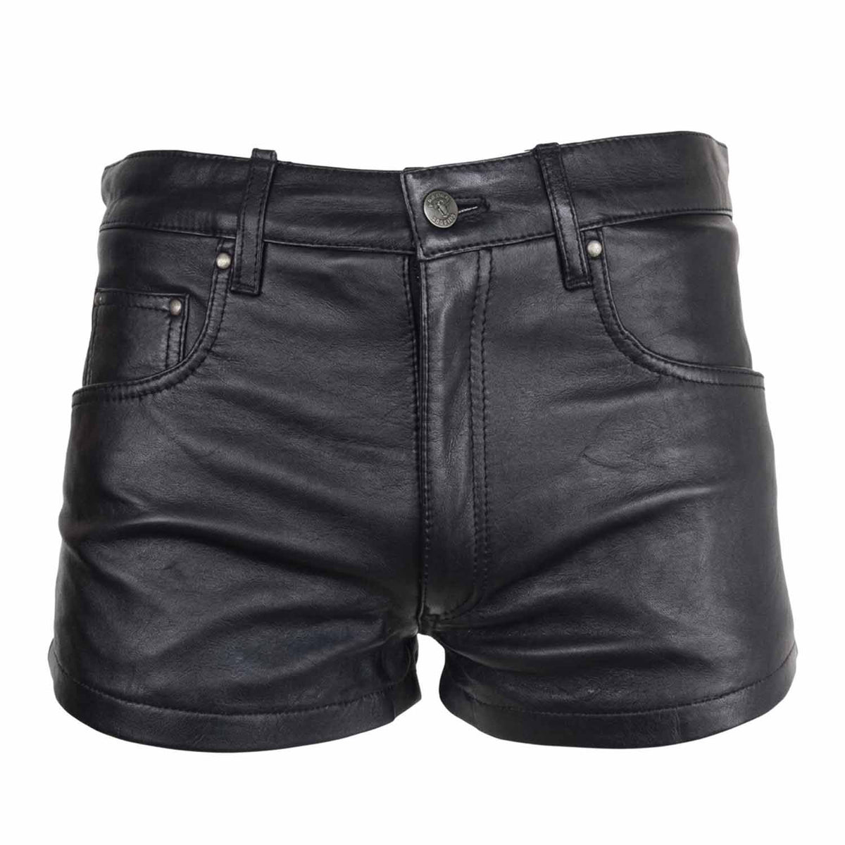 Black genuine leather high-waisted shorts with a button closure, belt loops, and front pockets, shown against a plain white background.