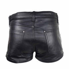 Black genuine leather shorts with a wide waistband, back pocket details, and a central seam, shown from the back on a white background.