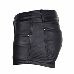 Black genuine leather mini skirt with a high waist, featuring a back pocket with a silver rivet and belt loops, shown against a plain white background.