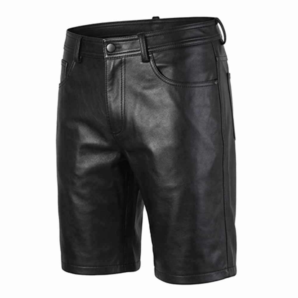 Three-quarter front angle of men's long black leather shorts showcasing smooth leather texture, front coin pocket, and clean hemmed leg openings.