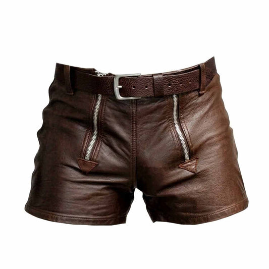 Men's 100% Genuine Brown Leather Shorts with Double Zipper