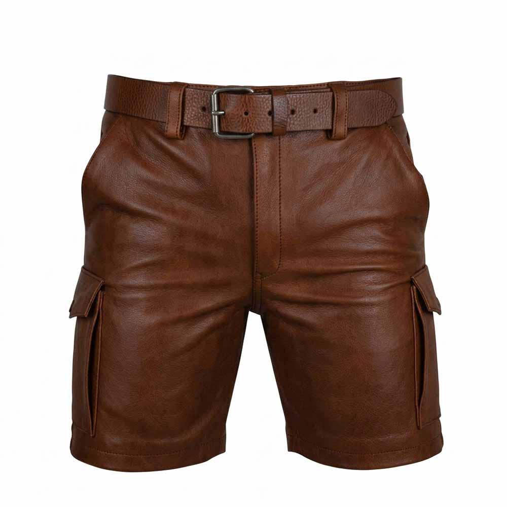 Men’s 100% Genuine Brown Leather Cargo Shorts with Matching Belt & 6 Pockets