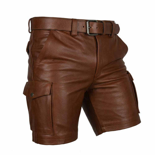Men’s 100% Genuine Brown Leather Cargo Shorts with Matching Belt & 6 Pockets