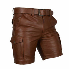 Men’s 100% Genuine Brown Leather Cargo Shorts with Matching Belt & 6 Pockets